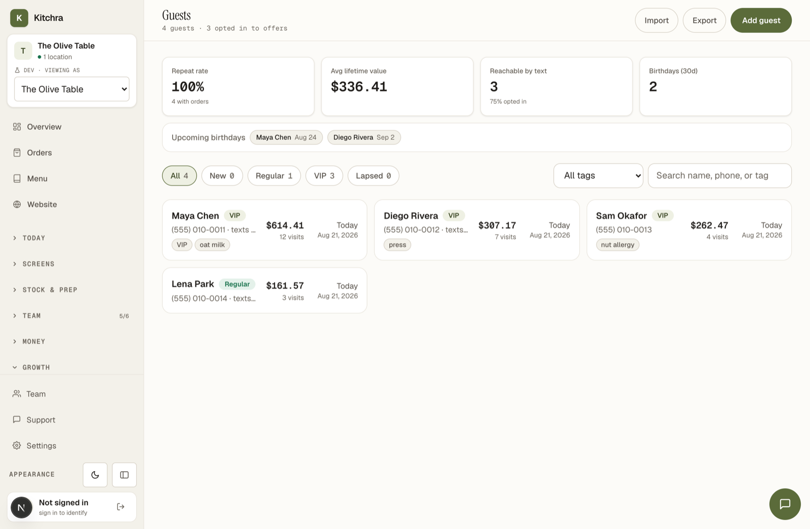 Guest CRM with segments, tags and lifetime value