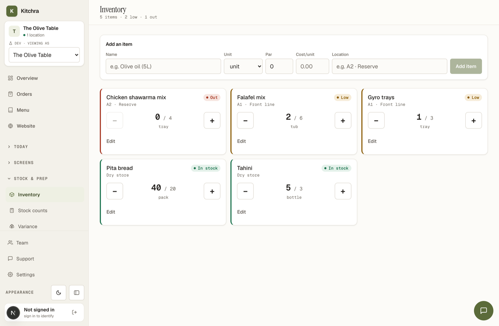 Inventory and stock levels in the console
