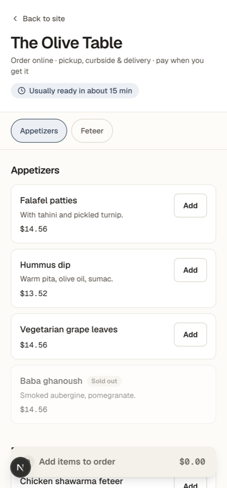 The Olive Table online ordering page